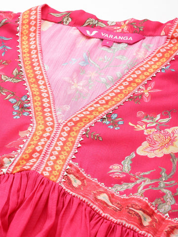 Fuchsia Floral Printed V-Neck, Full Sleeves Anarkali Kurta Paired With Tonal Dupatta